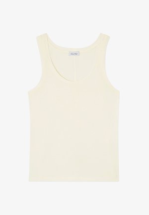 Roomkleurige mouwloze tanktop met een ronde halslijn en een klein merklabel aan de binnenkant aan de achterkant.