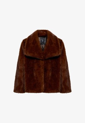 Giacca in finta pelliccia marrone con ampio colletto, apertura frontale e texture morbida. Presenta un'etichetta interna con dettagli del marchio.