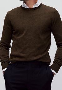 Pull tricoté marron avec un col rond, des manches longues et des poignets côtelés, associé à une chemise blanche à col et un pantalon foncé.