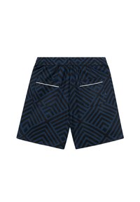 Shorts de înot cu un model albastru, design geometric, talie elastică și două buzunare posteriori cu detalii din piping alb.