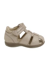 Beige barnsandaler med syntetiskt skaft, öppen tå-design, kardborreband och en strukturerad sula för grepp. Har utskurna sidor för ventilation.