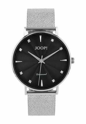 Silbernes Mesh-Armband-Uhr mit schwarzem Zifferblatt, Diamantakzenten, strukturiertem kreisförmigen Muster, silbernen Stundenmarkierungen und JOOP! Branding.