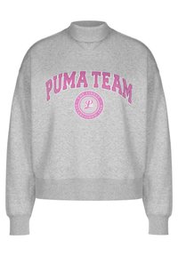 Grå hettegenser med høy krage, med "PUMA TEAM" i rosa tekst og en rund logo under. Ribbestrikkede mansjetter og nederkant. Materiale i bomullsblanding.