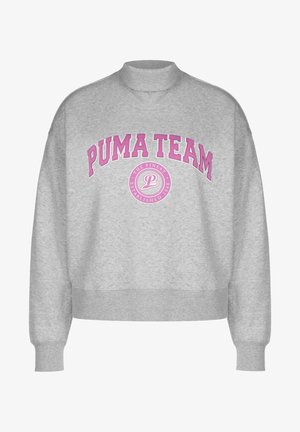 Hall Grey kapuutsiga, millel on kõrge kaelus, kus on roosaga tekst "PUMA TEAM" ja ringikujuline logo all. Ribitud varrukad ja äär. Puuvilla segu materjal.