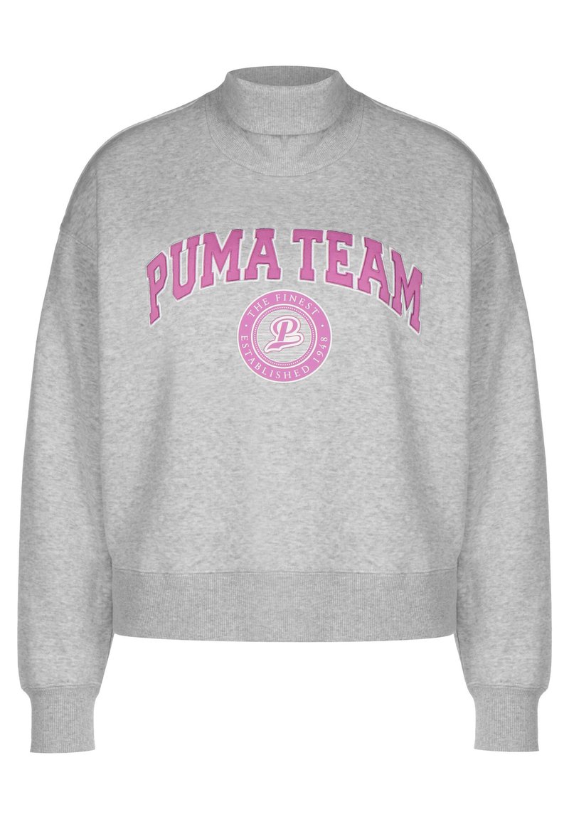 Grå hettegenser med høy krage, med "PUMA TEAM" i rosa tekst og en rund logo under. Ribbestrikkede mansjetter og nederkant. Materiale i bomullsblanding.
