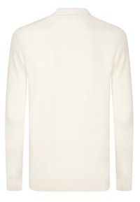 Weißer gestrickter Pullover mit strukturierter Textur, langen Ärmeln und gerippten Bündchen. Verfügt über einen klassischen Kragen und keine sichtbaren Verschlüsse.