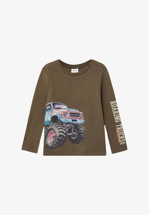 Maslinasto zelena košulja dugih rukava s grafikom plavog monstruoznog kamiona, s natpisom "Roaring Trucks" otisnutim na rukavu. Pamuk.