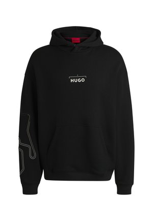 Black hoodie with front kangaroo pocket, featuring a HUGO logo in white and a stylized outline design on the left sleeve. Soft texture.