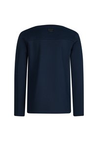 Marineblaues Langarmshirt mit Rundhalsausschnitt, glatter Textur und einem Etikett auf der Rückseite. Einfaches Design mit geradem, ungefülltem Schnitt.