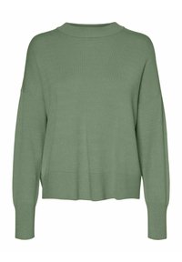 Grüner Strickpullover mit hohem Kragen, überschnittenen Schultern und gerippten Bündchen. Hat eine lockere Passform und eine weiche Textur.