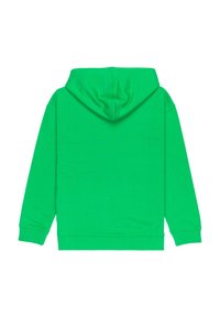 Zelená mikina s kapucňou, vyrobená z mäkkej látky. Obsahuje klokanie vrecko a rebrované manžety. Hladký povrch s minimálnym zdobením.