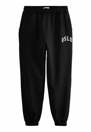 Sorte sweatpants med elastisk talje og manchetter, med sidelommer og broderet "OSLO" tekst på venstre lår.