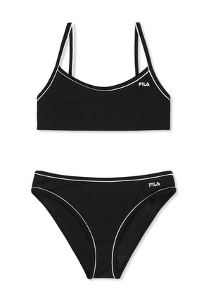 Costume da bagno nero a due pezzi con bordi bianchi, composto da un top stile reggiseno sportivo e slip bikini, entrambi con il logo FILA.