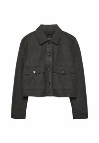 Cropped dark gray wool jacket with a collar, button front, and two chest pockets featuring snap closures. Smooth texture and minimalist design.