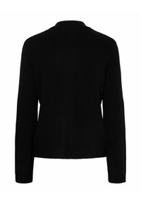 Maglione nero a maniche lunghe con design semplice, collo piatto e tessuto morbido. Finitura senza cuciture e senza elementi hardware o motivi visibili.