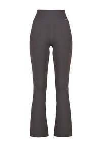 Leggings a costine grigio scuro svasati con vita alta, realizzati in materiale elastico; texture liscia con sottili dettagli di cucitura.