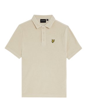 Polo beige a maniche corte con tre bottoni e un piccolo logo di un uccello giallo e nero sul petto a sinistra.