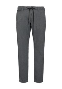 Pantalons gris avec un tissu texturé, coupe ajustée, taille élastique et cordon de serrage réglable. Comprend deux poches latérales et une finition soignée.
