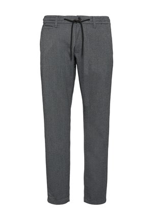 Szare spodnie z teksturowanej tkaniny, zwężany krój, elastyczny pas i regulowany sznurek. Posiadają dwa boczne kieszenie i czyste wykończenie.