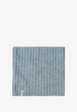 Light blue ribbed knit neck gaiter made from soft material, featuring a small logo tag on one corner.