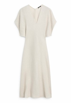 Beiges Midikleid mit kurzen, weiten Ärmeln, V-Ausschnitt, taillierter Passform und leicht ausgestelltem Rock, flach hängend vor schlichtem weißem Hintergrund.