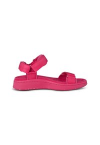 Rosa sandal med en tjock, texturerad sula med prickar, justerbara remmar och en dämpad fotbädd. Enkel design med öppen tå.