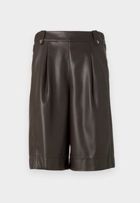 Brune faux skinnbukser med plisserte detaljer, flat front og brettede mansjetter. Har to sideknapper i midjen. Glatt tekstur.