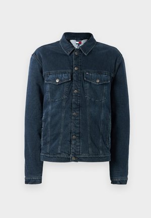 Dark blue denim jacket with button front, two chest flap pockets with buttons, and long sleeves.