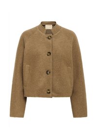 Hnedá vlnená skrátená bunda s okrúhlym výstrihom, štyrmi veľkými gombíkmi, dlhými rukávmi a dvoma bočnými vreckami.