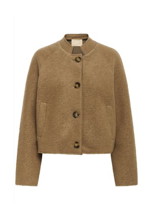 Brązowa krótka kurtka z wełny z okrągłym dekoltem, czterema dużymi guzikami, długimi rękawami i dwoma bocznymi kieszeniami.