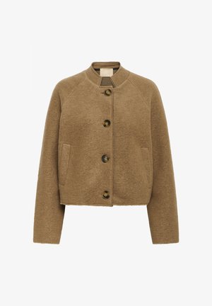 Brązowa krótka kurtka z wełny z okrągłym dekoltem, czterema dużymi guzikami, długimi rękawami i dwoma bocznymi kieszeniami.