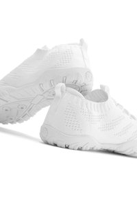 White slip-on shoes with a textured knit upper and rubber sole. Features a low-profile design and pull-tab for easy wear.
