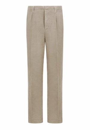 Beige lige ben fløjlsbukser med forreste folder, bæltestropper og skjult lynlås foran.