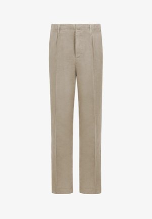 Beige lige ben fløjlsbukser med forreste folder, bæltestropper og skjult lynlås foran.