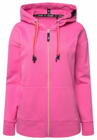 Felpa rosa con zip, cappuccio regolabile con coulisse, tasche a marsupio, polsini a coste e una texture morbida. Presenta dettagli in arancione a contrasto sulla coulisse.