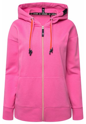 Pink zip-up hoodie with a drawstring hood, kangaroo pockets, ribbed cuffs, and a soft texture. Features contrasting orange drawstring accents.