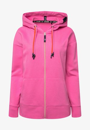 Rosa Kapuzenpullover mit Reißverschluss, Kordelzugkapuze, Kängurutaschen, gerippten Bündchen und einer weichen Textur. Mit kontrastierenden orangefarbenen Kordelzügen.