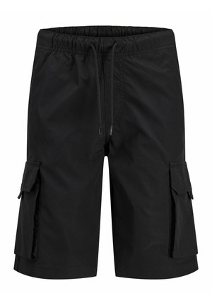 Fekete, térdig érő cargo rövidnadrág rugalmas derékpánttal, zsinórral és mindkét oldalon fedeles zsebekkel.