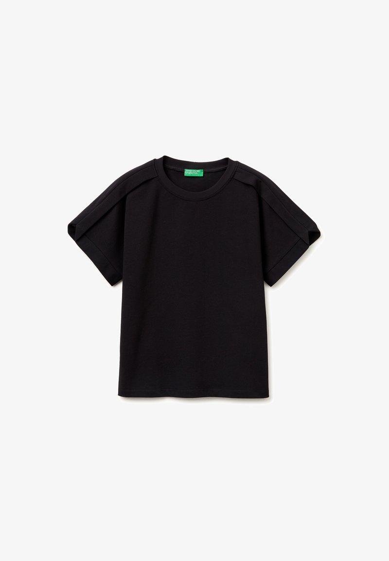 T-shirt noir à manches courtes avec col rond et manches légèrement larges, présenté sur un fond blanc.