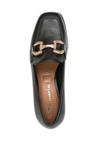 Black leather loafer with a square toe and a decorative gold buckle. The interior features a tan lining with a logo. Smooth texture.