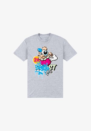 Graues Baumwoll-T-Shirt mit einem bunten Cartoon-Charakter-Graphic in Blau, Pink und Schwarz sowie Graffiti-ähnlichem Text.