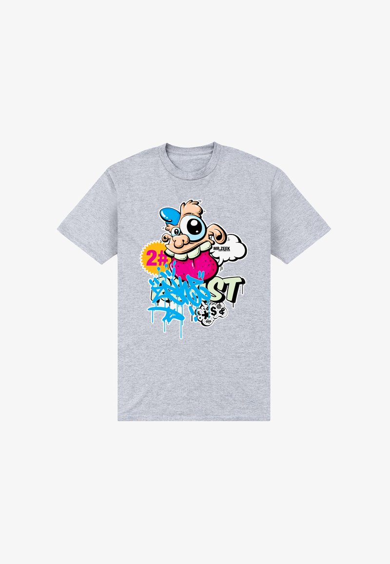 Šedé bavlněné tričko s barevnou grafikou kreslené postavičky a modrými, růžovými a černými akcenty, doplněné textem ve stylu graffiti.