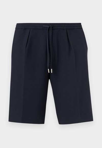 Shorts bleu marine longueur genou avec taille élastique et cordon de serrage ajustable avec embouts métalliques, design avant plat.