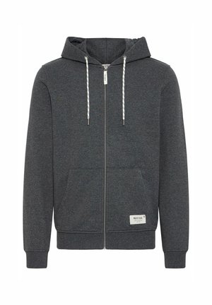 Grå zip-up hoodie med dragsko på huvan, framfickor, ribbade ärmslut och nederkant. Har en liten märkesetikett längst ner. Mjuk tygstruktur.