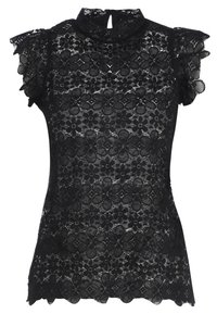 Musta pitsipaita, jossa on lyhyet röyhelöpäissä, korkea kaulus ja kukkakuosi. Sisältää aallonmuotoisen helman ja avauksen selässä.