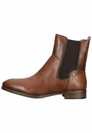 Brown leather ankle boot with black elastic side panels, rounded toe, and a subtle metallic accent on the heel. Flat, stacked wooden heel.