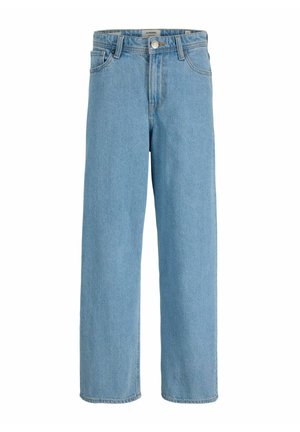 Jean droit bleu clair avec poches avant, passants de ceinture, fermeture par bouton et coutures visibles.