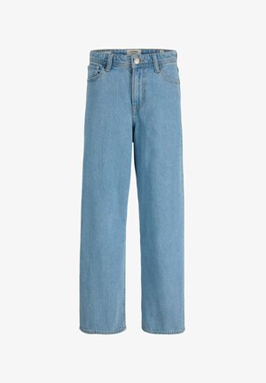 Jean droit bleu clair avec poches avant, passants de ceinture, fermeture par bouton et coutures visibles.