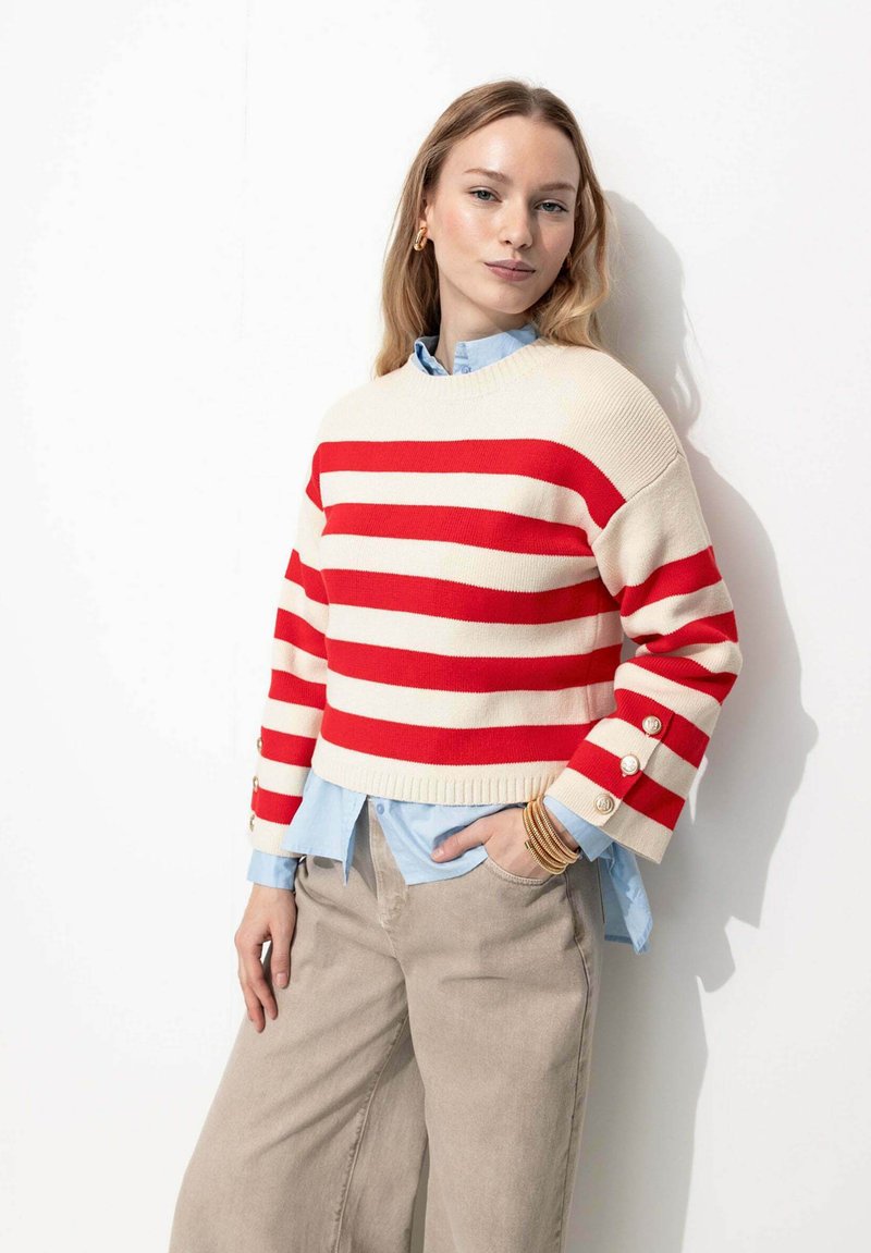 Pull rayé rouge et crème avec des manches longues et des accents de boutons ; porté sur une chemise bleu clair. Le modèle porte un pantalon large beige.