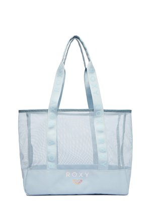 Jasnoniebieska torba siatkowa z solidną podstawą, długimi uchwytami oraz logo "ROXY" na paskach i z przodu.